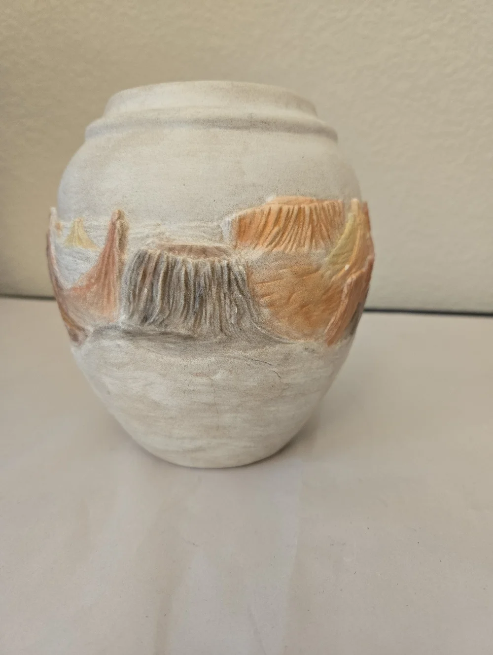 Southwestern Ceramic Vase Carved Pueblo Village Landscape Scene Matte Texture